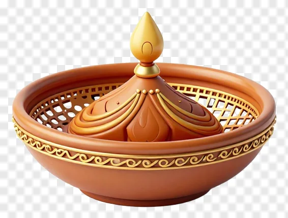 A terracotta diya with gold details inside an ornate sieve.