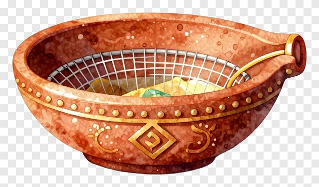 A terracotta sieve with gold accents containing a diya.