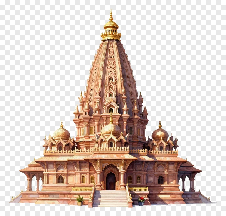 A terracotta temple with a golden spire and intricate carvings.
