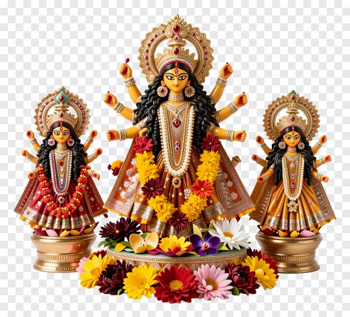 Three decorated Durga goddess figurines arranged together with flowers.
