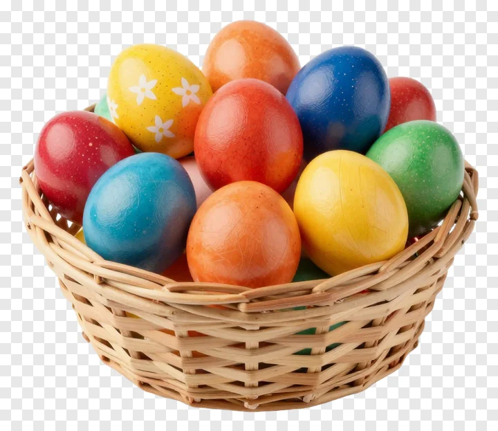 Basket filled with brightly colored decorated Easter eggs.