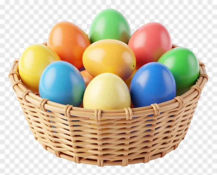 A basket filled with colorful, shiny Easter eggs.