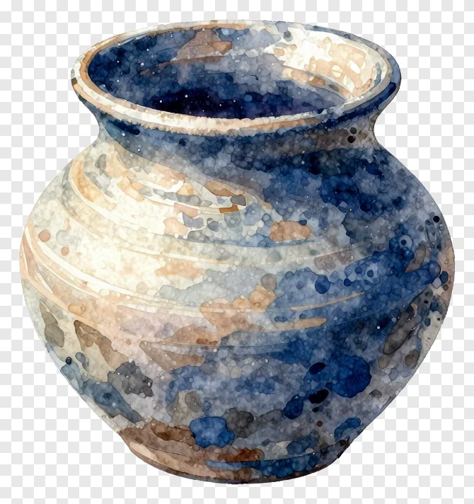 A watercolor-style clay pot with blue and beige hues.