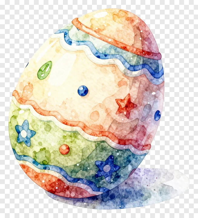A colorful watercolor Easter egg with stars and wavy patterns.