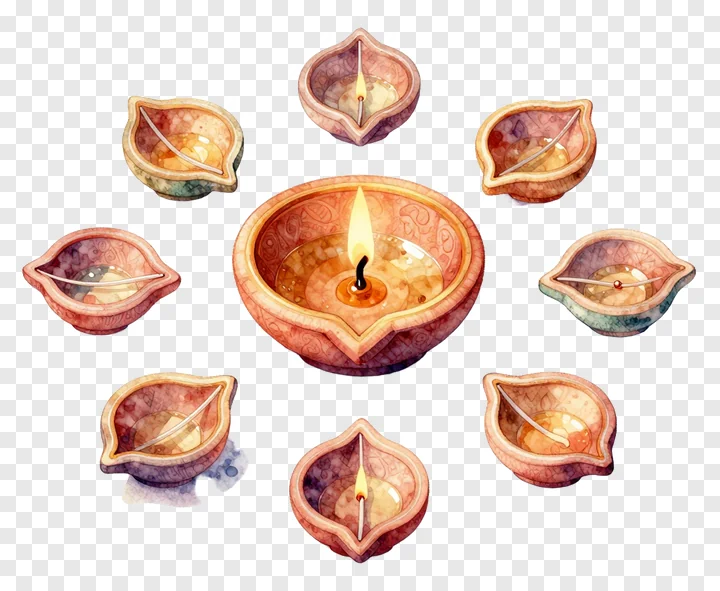 Circular arrangement of terracotta-style diyas painted in watercolors.