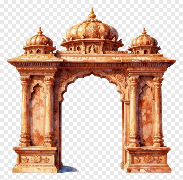 A watercolor-style Durga Puja mandap gate with detailed carvings and domes.
