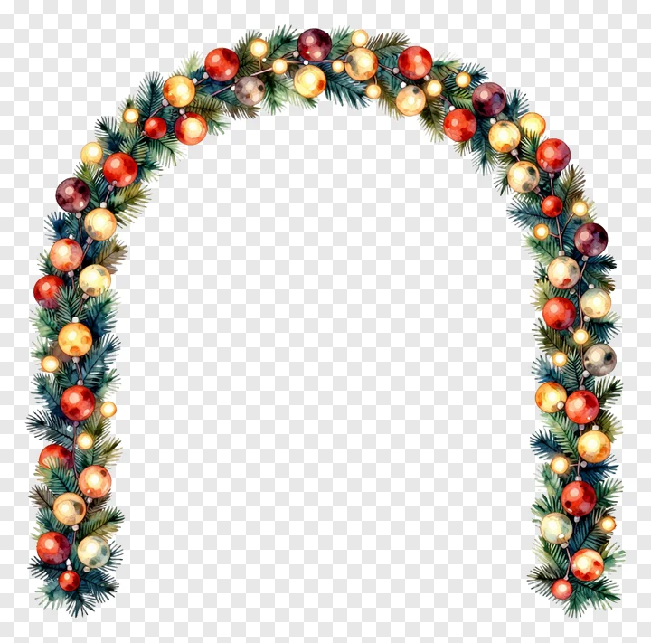 A watercolor festive arch decorated with red and gold ornaments.
