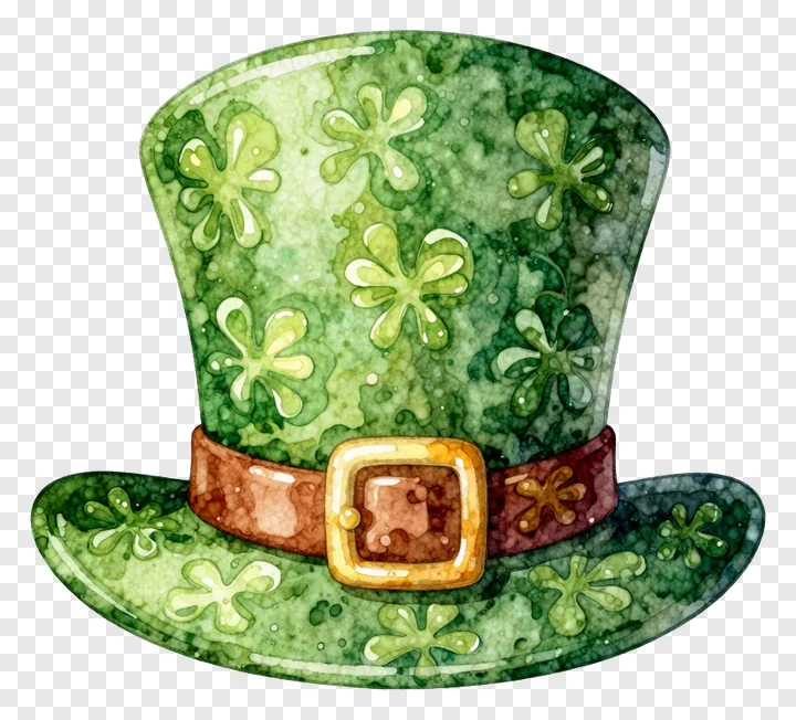 A green leprechaun hat with clover patterns and a brown belt.