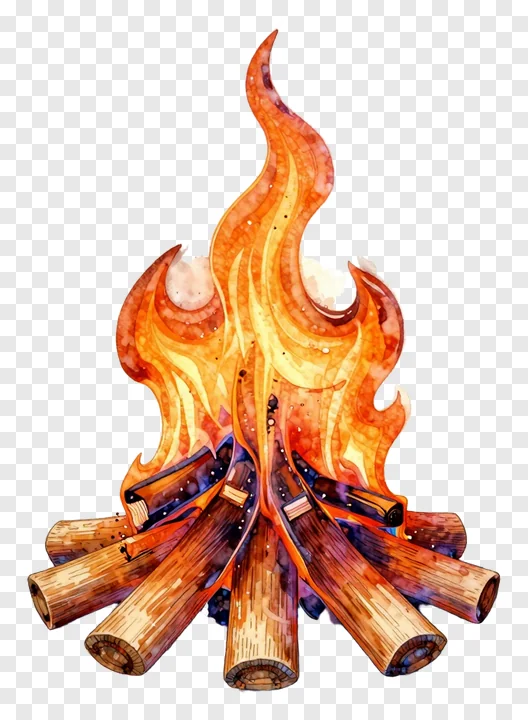 A watercolor painting of a Lohri bonfire with logs and flames.