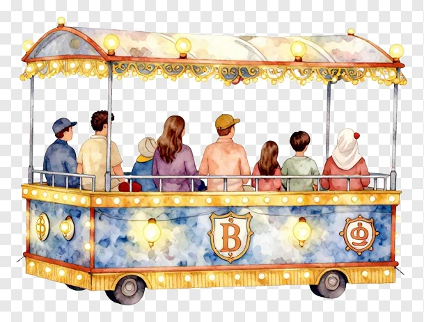 A watercolor parade float with lights and passengers.