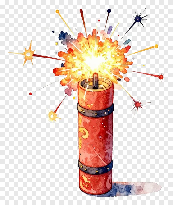 A red firecracker exploding with colorful sparks in watercolor style.