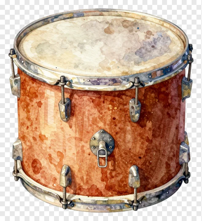 Close-up of a worn drum with rusty orange finish.