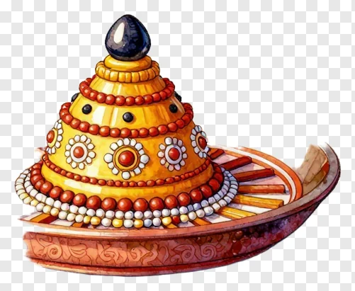 A yellow beaded tilak thali with a pyramid-shaped top.