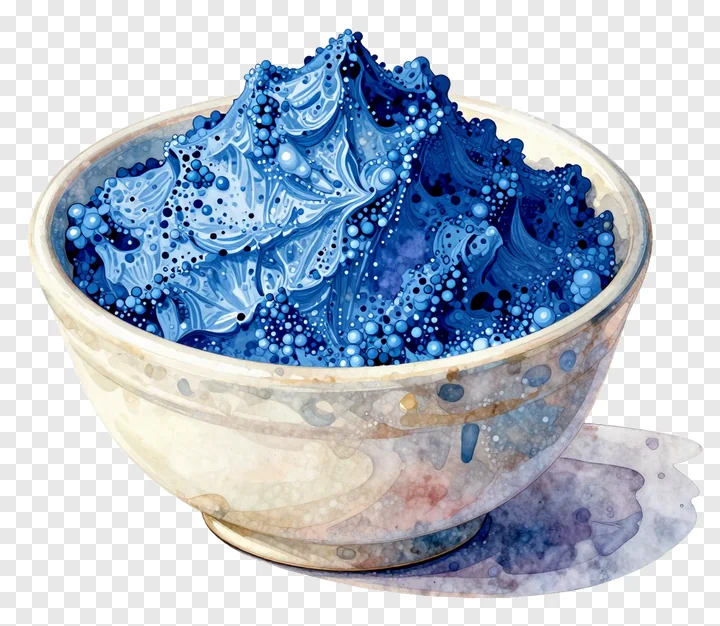 A bowl filled with blue gulal powder in watercolor style.
