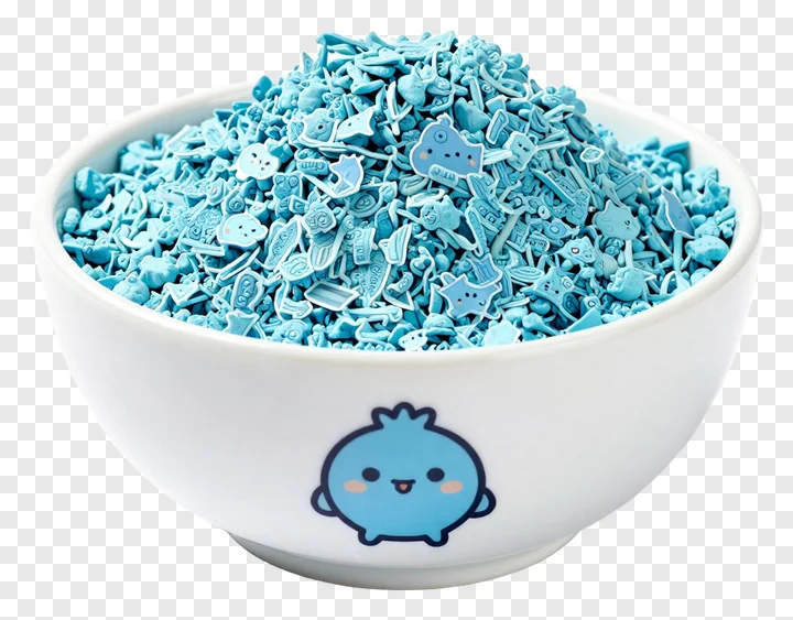 White bowl filled with blue gulal sprinkles.