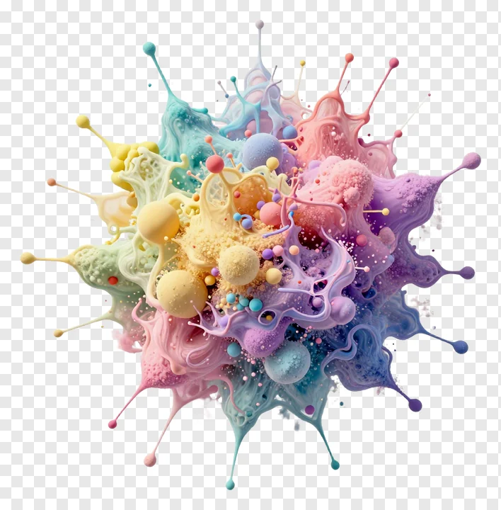 A colorful, pastel-hued powder explosion with spherical droplets.