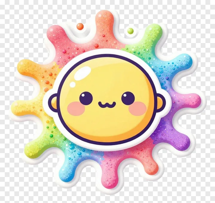 A smiling sun with rainbow-colored powder splashes.