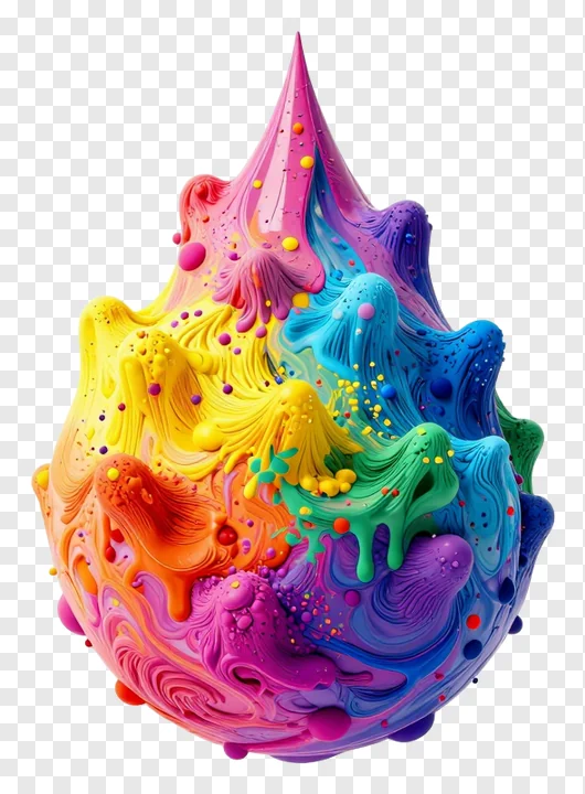 A colorful, rainbow-hued water droplet with glitter.