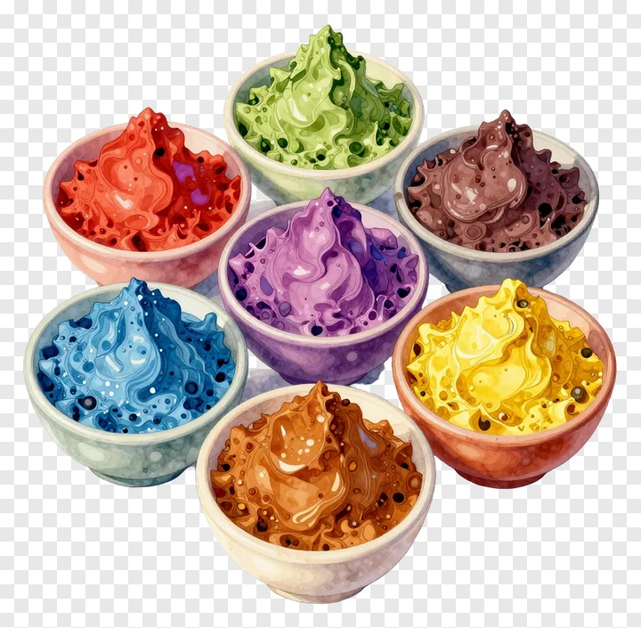 Seven bowls containing colorful gulal powders.