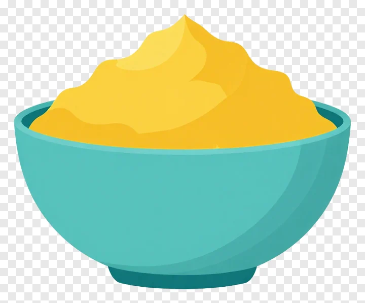 A bowl containing yellow gulal powder.