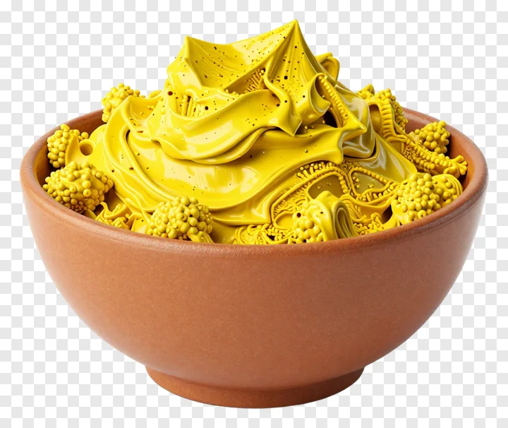 A terracotta bowl filled with yellow gulal paste.