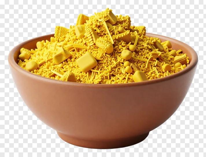 A clay bowl filled with yellow gulal powder.