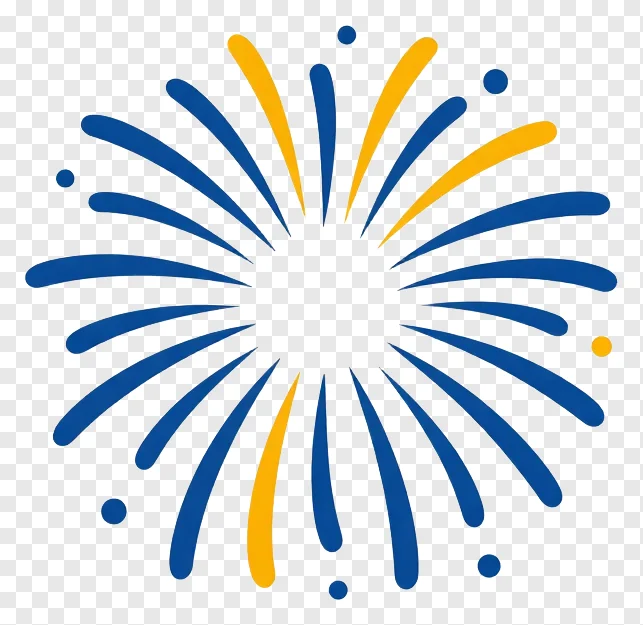 A blue and gold firework burst graphic.