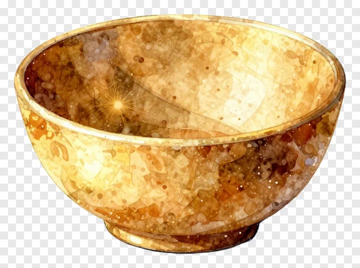 A golden marbled bowl with a glowing interior.