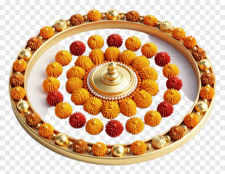 A golden tilak thali with orange and red decorative dots.