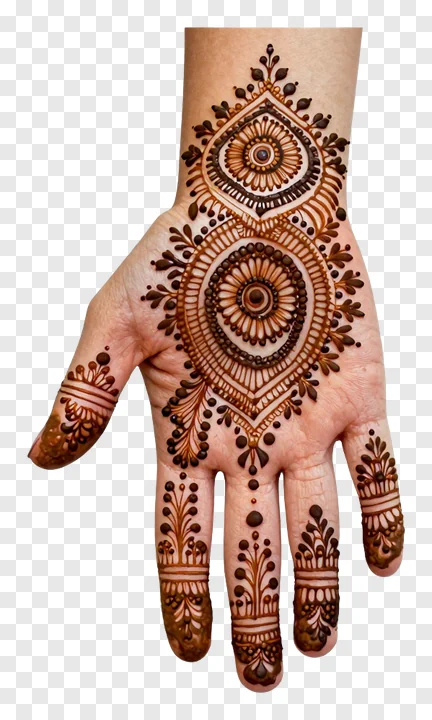 Hand decorated with intricate mehndi patterns.