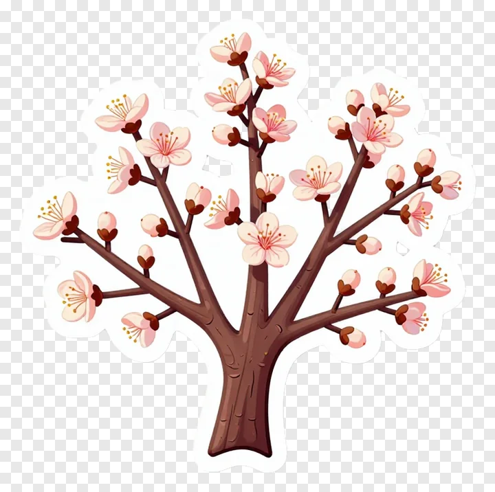 A tree branch with pink flowers and buds.