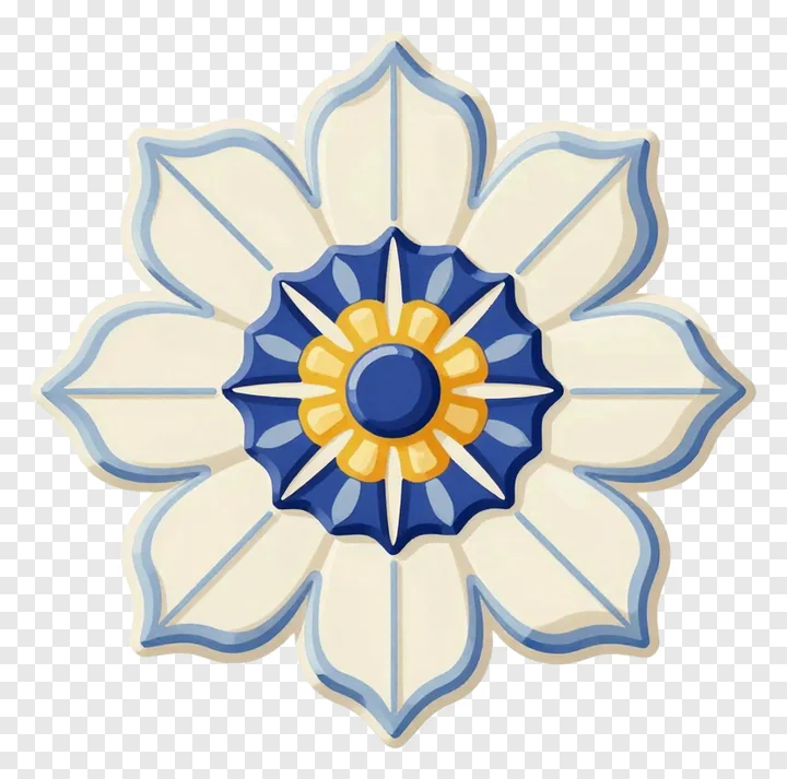 A ceramic tile flower with cream petals and a blue and yellow center.