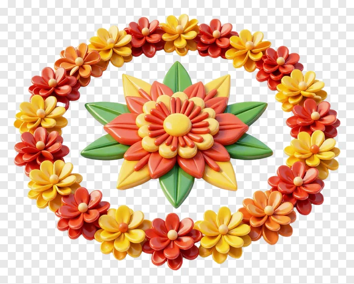 A circular wreath of colorful flowers with a central flower.