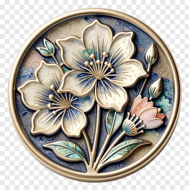 Circular gold metal badge with engraved floral design.