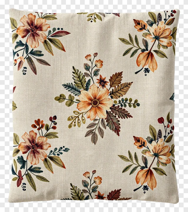 Linen cushion with orange and brown floral design.