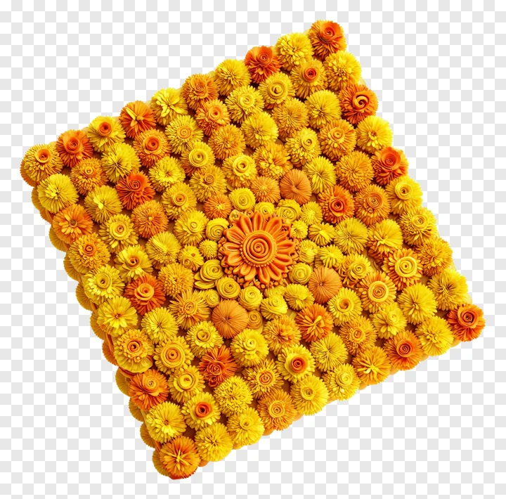 A top-down view of a dense floral arrangement in orange and yellow.