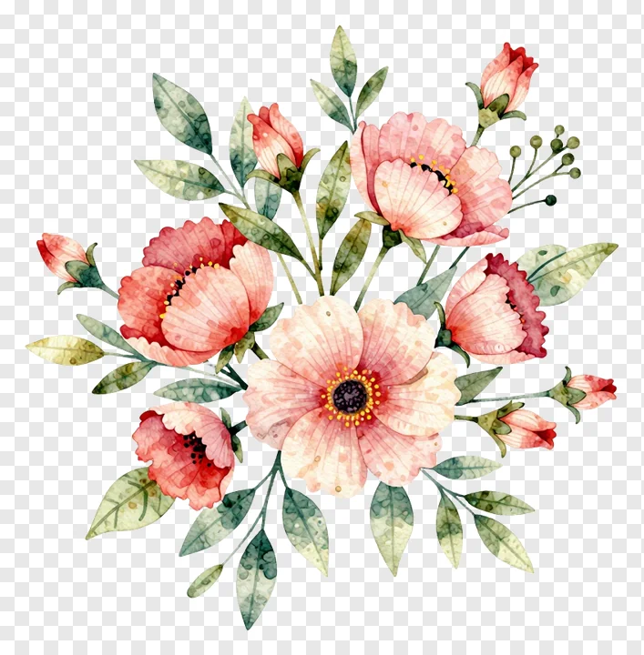 A watercolor painting of pink flowers and green leaves.