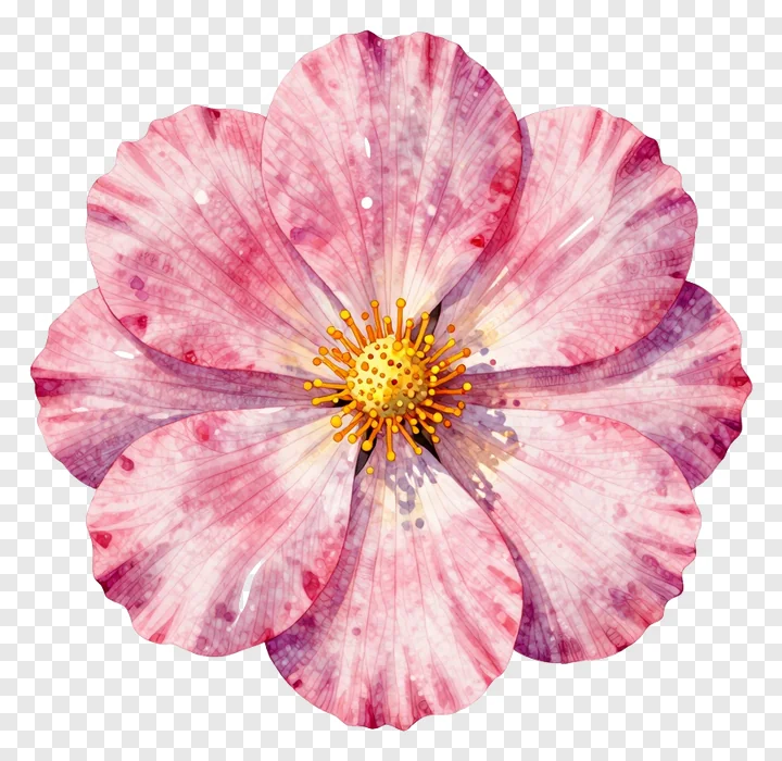A pink watercolor flower with a yellow center.