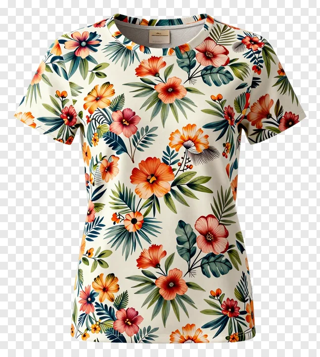T-shirt with tropical floral pattern.