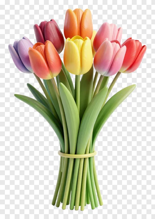 A bouquet of colorful tulips with green stems.