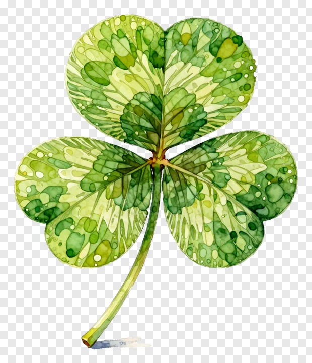 A watercolor four-leaf clover with green and yellow tones.
