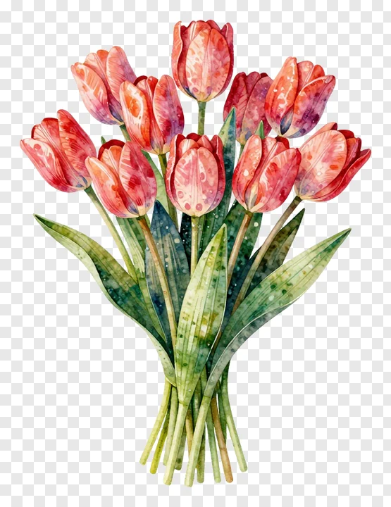 A watercolor bouquet of speckled pink and red tulips.