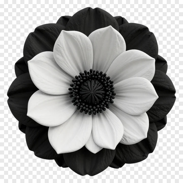 A black and white flower with layered petals.