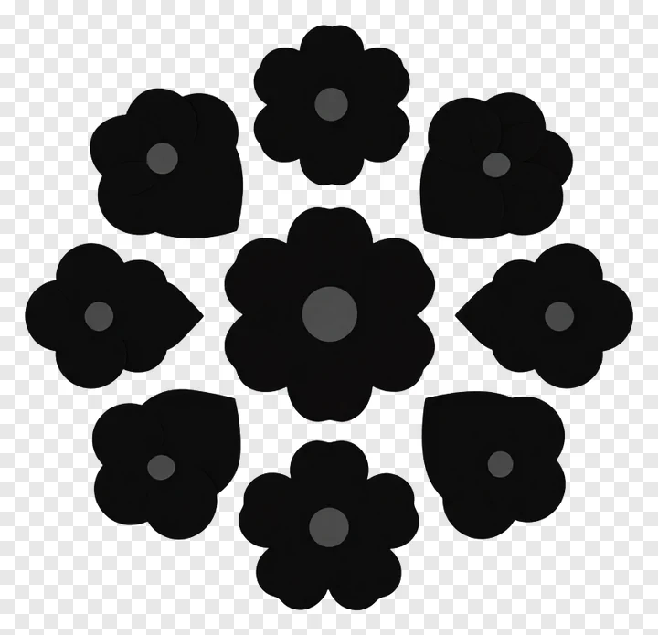 Symmetrical pattern of black flower shapes without stems or leaves.