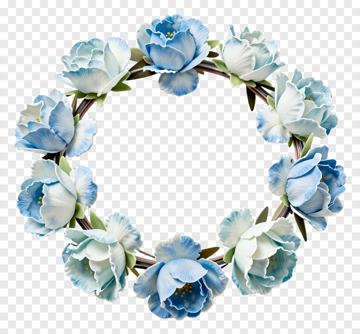 A blue and white flower crown with green leaves.