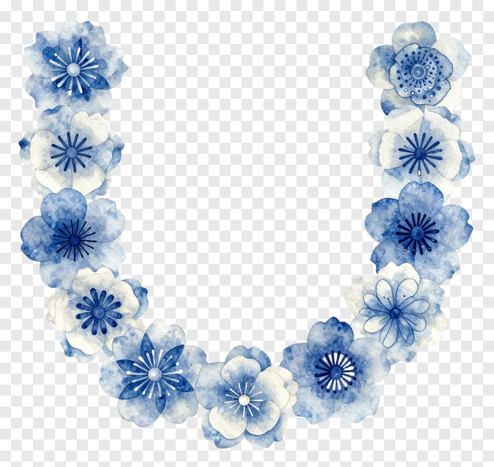 A U-shaped blue and white paper flower garland.