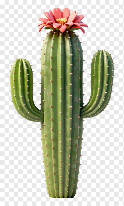 A green cactus topped with a pink flower.