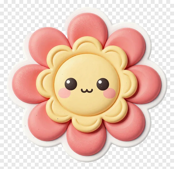 A cute cartoon flower with pink petals and a smiling face.