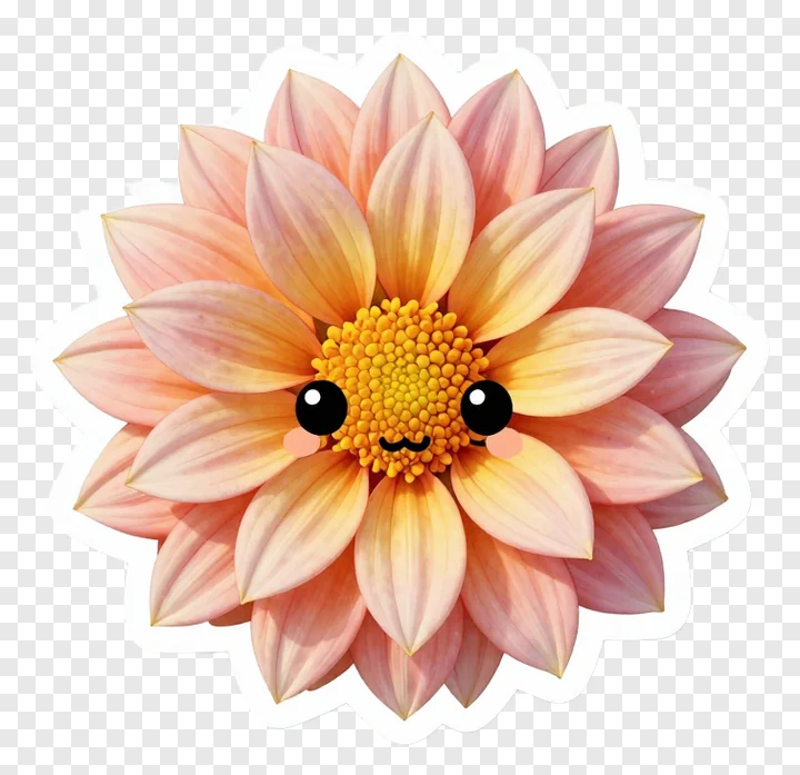 A cute pink dahlia flower with a smiling face.