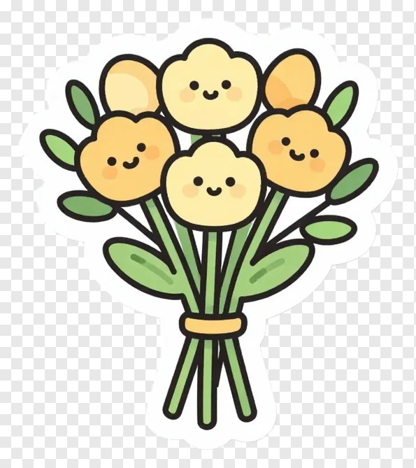A bouquet of five smiling yellow flowers with green stems.